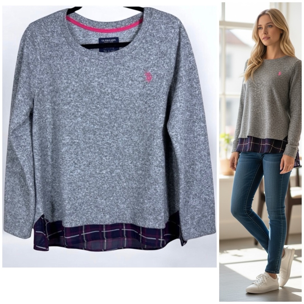 U.S. POLO ASSN. Preppy Heather Gray light pink Sweater Plaid Layer Women's SzL